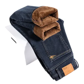 החורף תרמי חם פלנל למתוח ג ' ינס איכות Mens מותג מכנסי פליז גברים נוהרים עבה מכנסיים גדולה בגודל 42 44 46