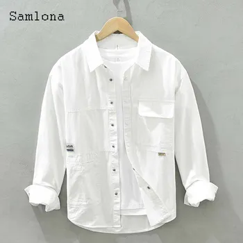 גברים שרוול ארוך כותנה חולצות פשתן בגדים 2023 Harajuku קלאסי גג מוצק משובח לחולצה פשוטה Mens מקרית בכיס החולצה.