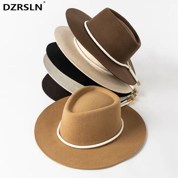 2024 חדש הסתיו-חורף כובע לבד רחב שוליים נשים אופנה צמר חגורת החבל קישוט יוקרה עיצוב חגים כובעי פנמה