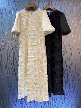 2023 ניו נשים אופנה בועה שרוול קצר צוואר עגול תחרה קטיפה תפרים סלים שמלה שמלה 0827
