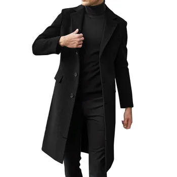 גברים מעיל רוח מעיל ארוך דש צווארון המעיל יחיד שולי המעיל, מעיל ארוך, ג 'קט קרדיגן להאריך ימים יותר טרנץ' מעיל הצמר רשמי