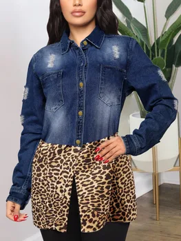 LW בתוספת גודל מזדמן עם הדפס מנומר קרע ג 'ינס מעיל 2023 סתיו חורף שרוול ארוך טלאים רגיל יתאים ג' ינס הלבשה עליונה