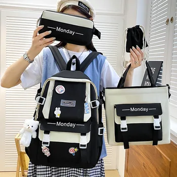 4 יח ' סט הנשים תרמיל Harajuku המחשב הנייד בד תיקי בית ספר לנערות מתבגרות Kawaii תרמיל סטודנט התיק התיק