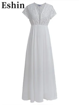 Eshin 2023 הקיץ הלבן החדש מפורסם פיות שמלת ערב סקסית חלול תחרה זורם גדול להניף V-צוואר סלים שמלה ארוכה TH4159