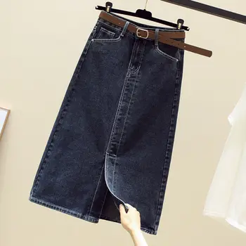 2023 חדש הונג קונג בסגנון רטרו ג ' ינס חצאית לנשים אביב/קיץ עם קו מותן גבוה רזה אמצע אורך קו חצאית עם שסע מגמה