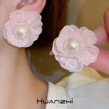 הפרח הורוד לבן פנינה מתוק משובח עגילי פרח לנשים במסיבת בנות תכשיטים HUANZHI 2023 חדש בד תחרה חוט עגיל