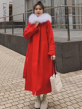 LANMREM אופנה פרווה ארנב משולבים זמן פרווה נשים מעיל עם ברדס חגורה אחת עם חזה עבה בגדים חמים 2023 החורף החדש 2AA2397