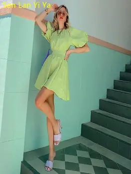סאן Lan יי יא סקסי חלול החוצה ירוק נשים שמלות אלגנטיות פאף שרוול O-צוואר כותנה שמלת הקיץ 2023 אופנה Ruched שמלה סלים