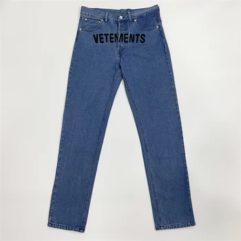 2023ss כחול Vetements ג 'ינס גברים נשים 1:1 קניה שטף רקום לוגו תיקון תווית וטרינר מזדמן מכנסי ג' ינס pantalone גבר
