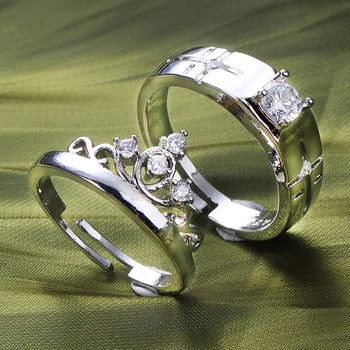 2Pcs/זוג קלאסי Resizeable כתר גביש הזוג טבעת נישואין אירוסין מתכוונן תכשיטי מתנת יום האהבה