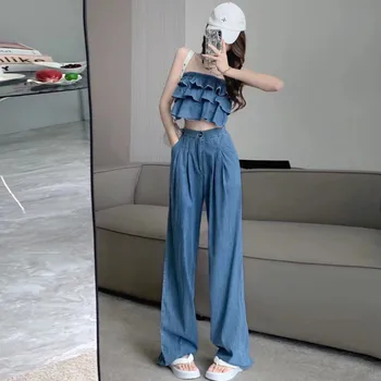 קיץ חדש קוריאני גרסה ג 'ינס החליפה של הנשים אופנת רחוב קפלי העליון משוחרר רחב הרגל מכנסיים מכנסי ג' ינס שני חלקים סט הבגדים הנשי.