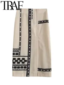 TRAF אופנה Y2k חדש מודפס נשים החצאית הארוכה רוכסן צד פיצול קו מותן גבוה מזדמן נקבה Midi חצאית בגדים 2023 הקיץ