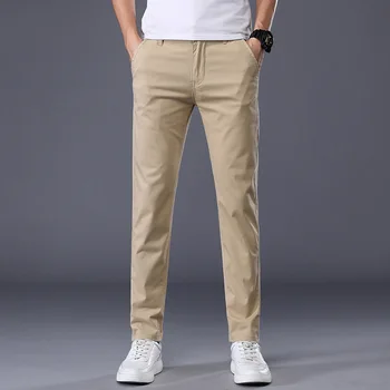 2023 קיץ חדשה מזדמנים מכנסיים גברים 98%כותנה צבע מוצק עסקי האופנה Slim Fit למתוח אפור דק מכנסיים זכר בגדי מותג