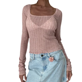 נשים Y2K אופנה סרוגה חולצה שרוול ארוך צוואר מרובע חולצות בגדים מצולעים רואה דרך העצום יבול מקסימום Clubwear קט