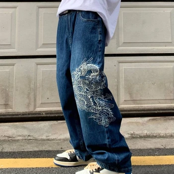 גותי הדרקון דפוס רקמה עיצוב גבוהה המותניים ג 'ינס גברים y2k רחוב באגי ג' ינס גברים גבוה רחוב היפ הופ מזדמן ז ' אן 2023 חדש