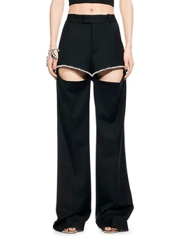 ריינסטון טלאים ישר מכנסיים נשים אופנה גבוהה המותניים חלול משוחרר מזדמן Y2k אופנת רחוב רחב הרגל מוצק מכנסיים