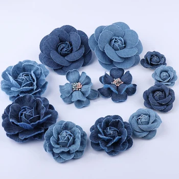 5pcs כחול ג ' ינס בד פרחים בגדים כובעים השמלה קישוט פרח בעבודת יד כיסוי הראש מלאכת DIY אביזרים לשיער אספקה