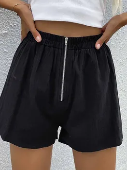 נשים שחור מכנסיים קצרים 2023 קיץ מזדמן ציפר עיצוב רחב הרגל נשים מכנסיים קצרים של מקטע דק לנשימה אלסטי המותניים התחתונים