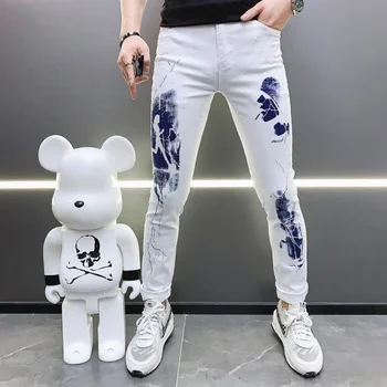 האביב התזה דיו ג ' ינס גברים הדפסה רץ לכיוון סלים אופנה קוריאנית באיכות גבוהה מגמה מודפס שאיפה Erkek Pantolon גבר