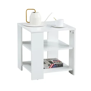 השולחן, מרובע, שולחן צד מודרני לילה עם 2 קומות לאחסון, מדף בסלון שולחן קפה קטן,לבן.