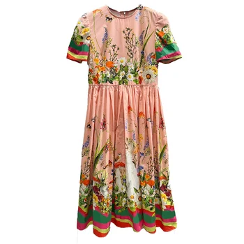 מעצב האופנה הקיץ של נשים שרוול קצר הארנב הדפסה ורוד מזדמן חופשה צד שמלות
