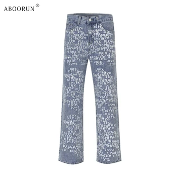 ABOORUN היי סטריט גברים ג 'ינס מלא מכתבים מודפס מכנסי ג' ינס אופנת רחוב מתאים רופף מכנסיים זכרים?
