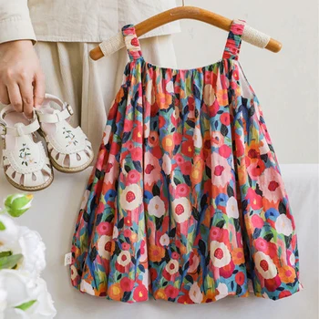Melario בנות מושעה השמלה 2023 קיץ צבעוני חדש על כל הדפס פרחים התינוק אמנות חמוד מגניב השמלה פעוטה בגדים