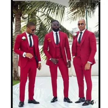 3 חתיכות שיא דש אדום גברים חליפת כפתור אחד כפול השד Slim Fit החתן חליפות תפורים (ז ' קט+מכנסיים+וסט)