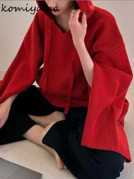 2023 סתיו החורף חדש Hooede נשים בגדים פיצול ארוך שרוול סוודר יפנית וינטג ' קט לכל היותר חמים נשים Knitwears
