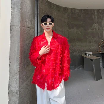 SYUHGFA קוריאני גברים האישיות של ציצית חולצה אדומה אופנתי שרוול ארוך קוצים גג חדש מוצק צבע חולצות 2023 נישה עיצוב