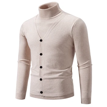 חורף אופנה של גברים מקרית צווארון סוודר בצבע אחיד מזויף שני חלקים חמים לסרוג סלים להתאים את הסוודר