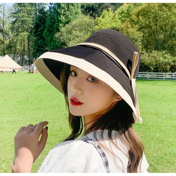 שרוכים דלי כובע נשים קיץ פנים עגולות הגנה מפני השמש UV הגנה לנשימה קשת תחרה למעלה נסיעות בסגנון מערבי כובע השמש