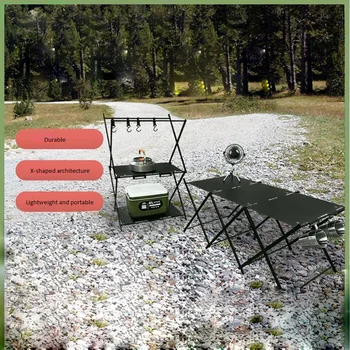 שולחן מתקפל לקמפינג חיצונית רב תכליתי נייד Dual-תכליתי רב-שכבתיים אחסון מדף טיול בטבע התיירות שולחן פיקניק