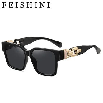 FEISHINI מרובע מתכת חלול לאישה UV400 משקפי שמש אופנה מקורי באיכות גבוהה עיצוב מותג משקפי שמש נשים Oculos דה סול