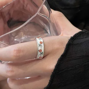 בציר אמייל צבעוני פרח טבעות לנשים אופנה פשוטה מעט צבע מתכוונן פתיחת טבעת אצבע מסיבת חתונה תכשיטים